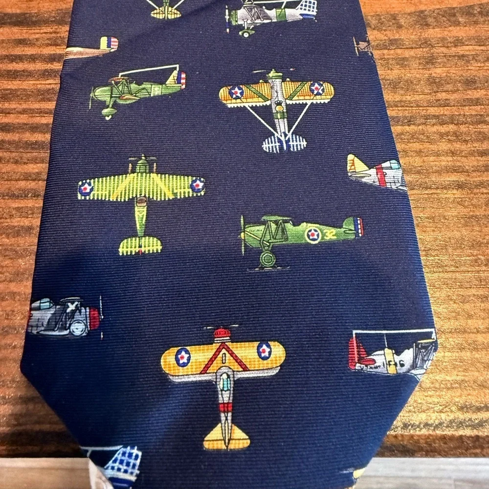 Vintage Alynn 100% Silk Tie U.S. Warplanes Navy Blue Air Force Military Print